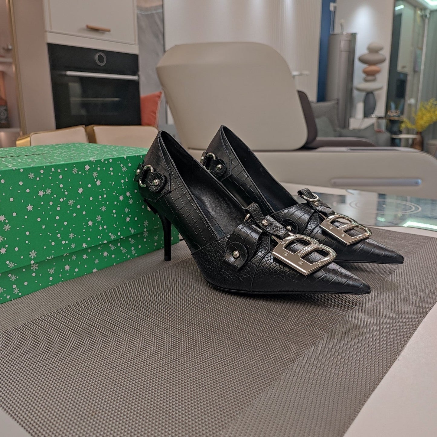 Balanciaga HIGH PUMPS WITH B SILVER BUCKLE IN BLACK CROCODILE PATTERN CALFSKIN