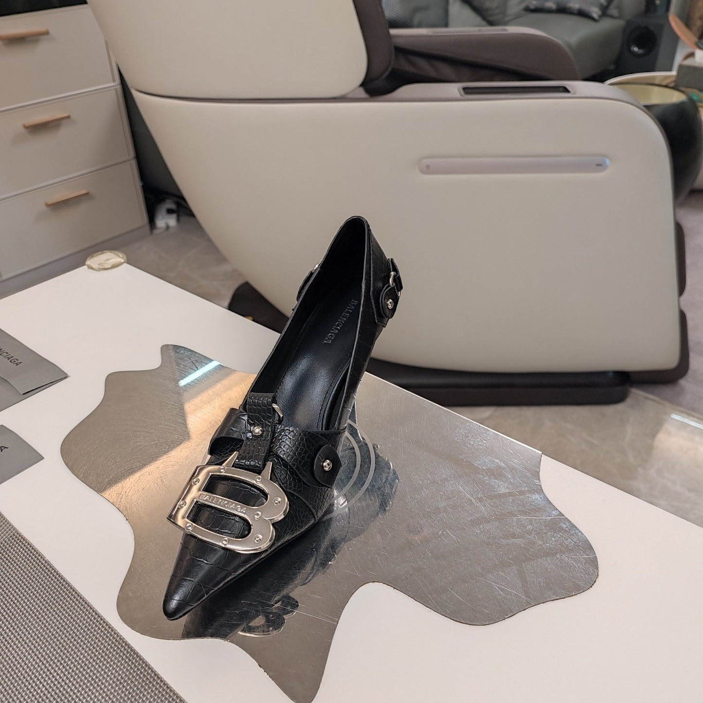 Balanciaga HIGH PUMPS WITH B SILVER BUCKLE IN BLACK CROCODILE PATTERN CALFSKIN