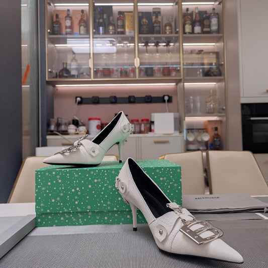 Balanciaga HIGH PUMPS WITH B SILVER BUCKLE IN WHITE CROCODILE PATTERN CALFSKIN