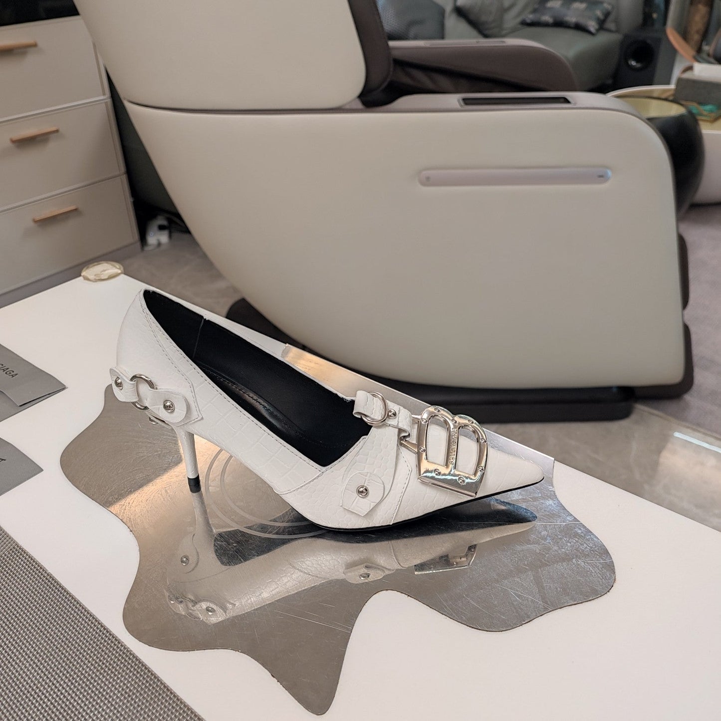 Balanciaga HIGH PUMPS WITH B SILVER BUCKLE IN WHITE CROCODILE PATTERN CALFSKIN