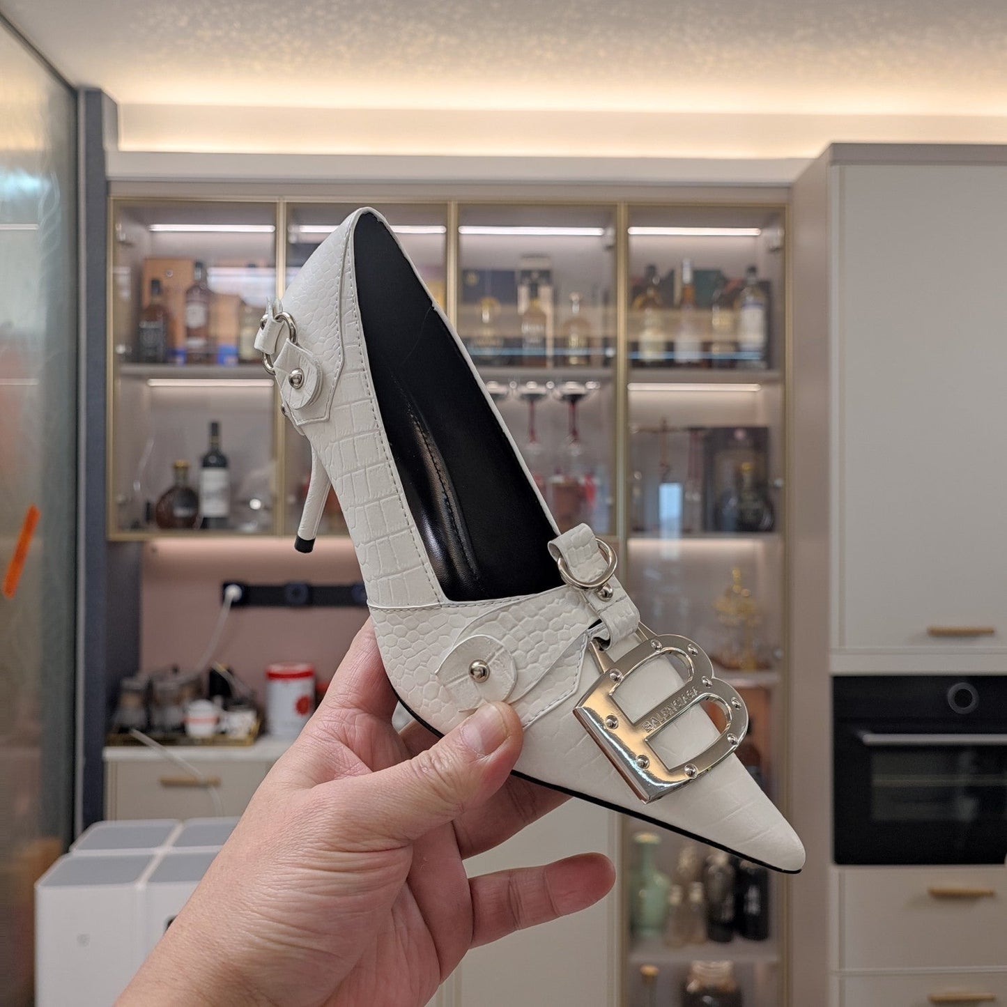 Balanciaga HIGH PUMPS WITH B SILVER BUCKLE IN WHITE CROCODILE PATTERN CALFSKIN