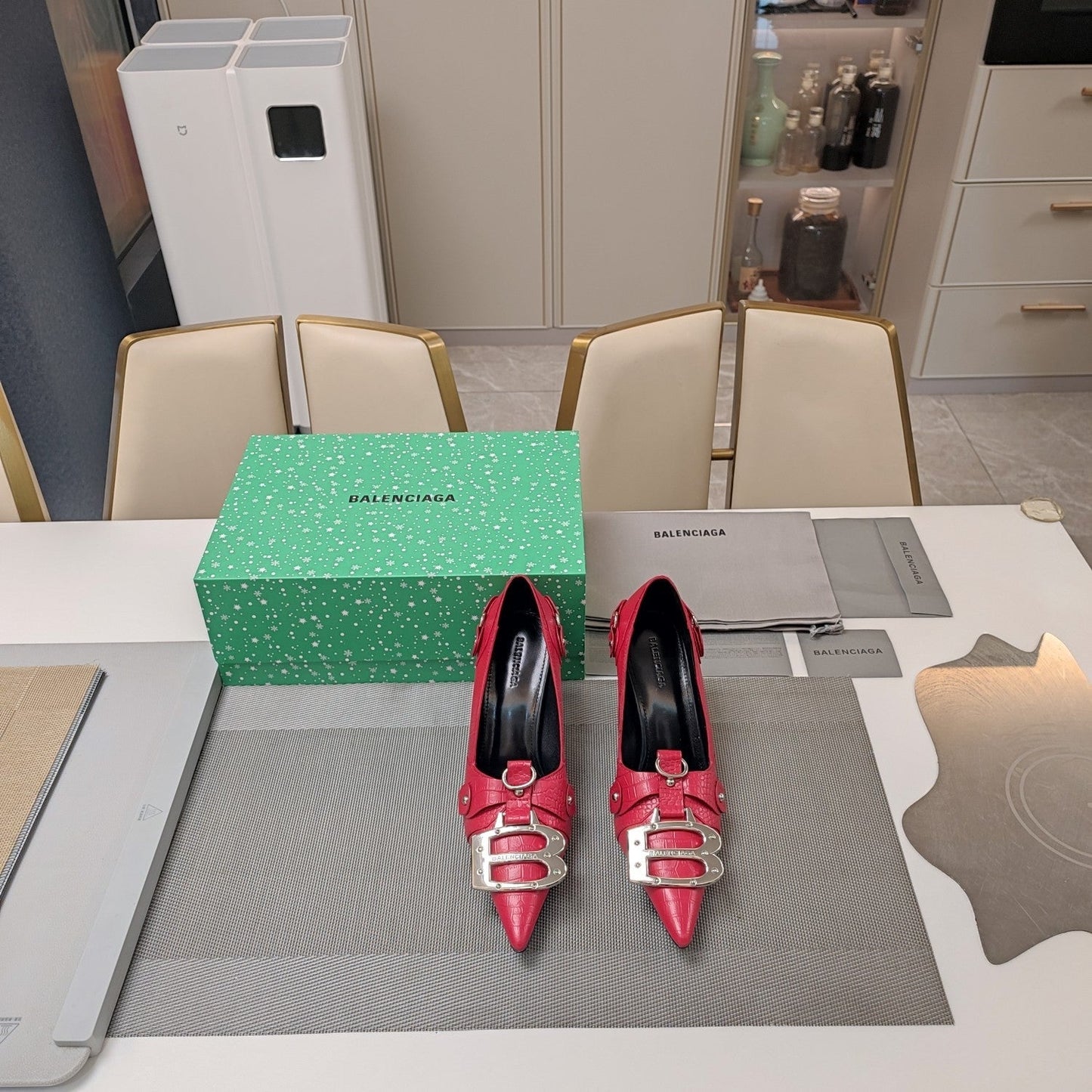 Balanciaga HIGH PUMPS WITH B SILVER BUCKLE IN RED CROCODILE PATTERN CALFSKIN