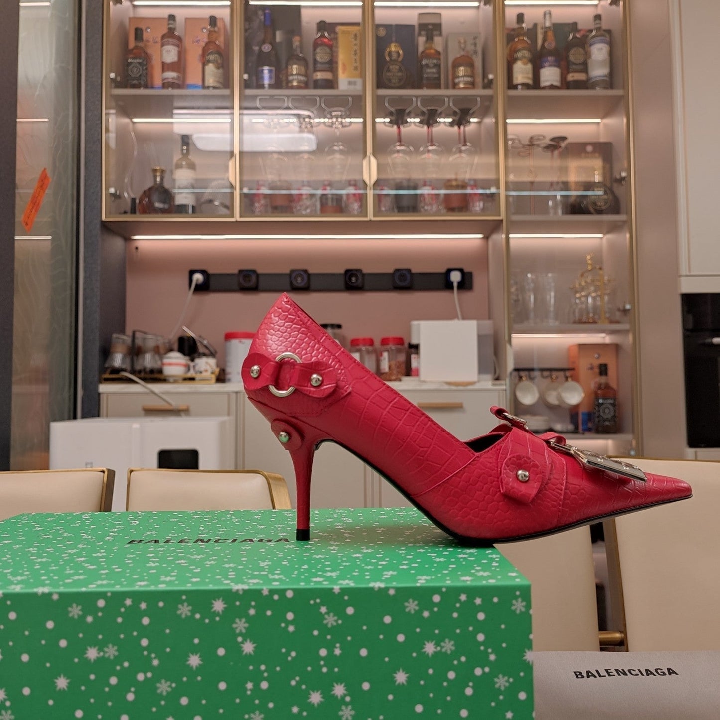 Balanciaga HIGH PUMPS WITH B SILVER BUCKLE IN RED CROCODILE PATTERN CALFSKIN