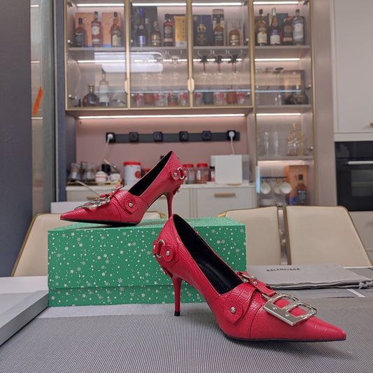 Balanciaga HIGH PUMPS WITH B SILVER BUCKLE IN RED CROCODILE PATTERN CALFSKIN