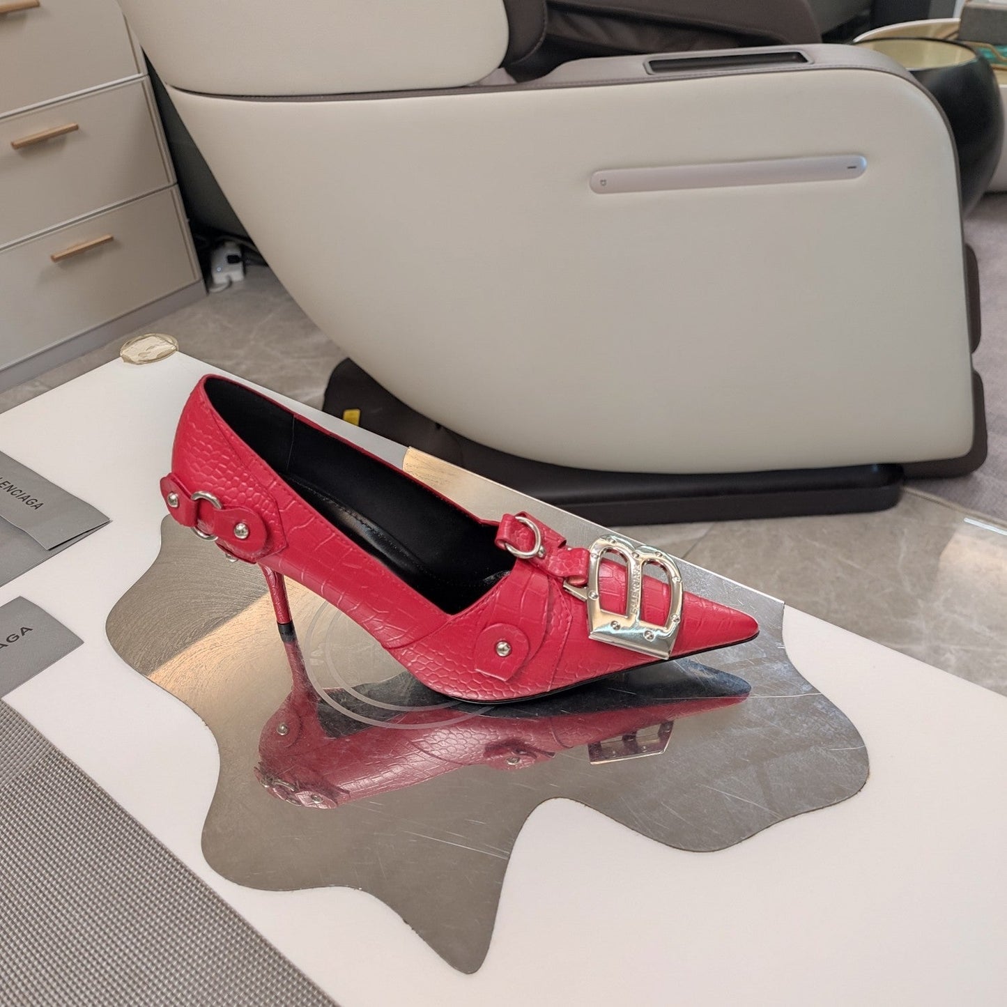 Balanciaga HIGH PUMPS WITH B SILVER BUCKLE IN RED CROCODILE PATTERN CALFSKIN