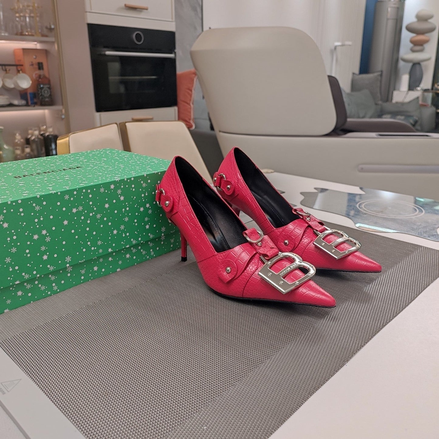 Balanciaga HIGH PUMPS WITH B SILVER BUCKLE IN RED CROCODILE PATTERN CALFSKIN