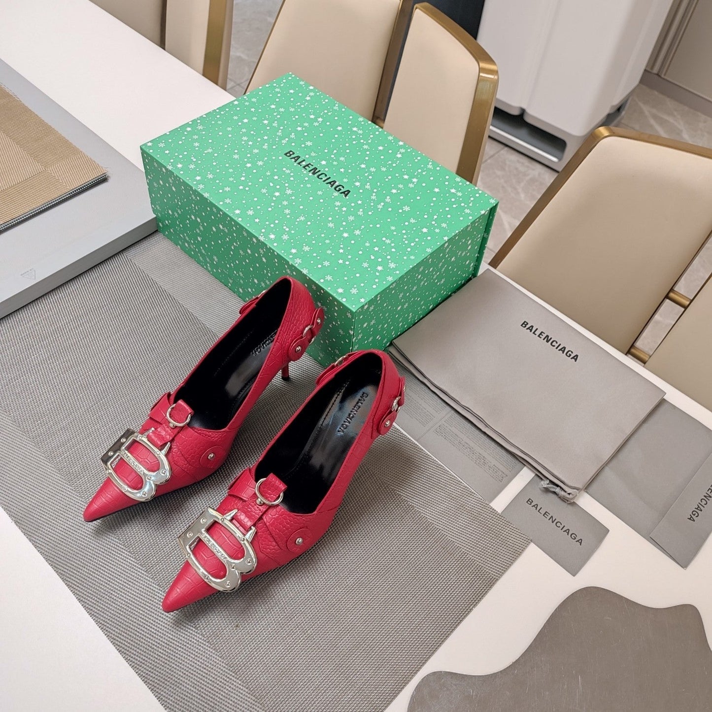 Balanciaga HIGH PUMPS WITH B SILVER BUCKLE IN RED CROCODILE PATTERN CALFSKIN