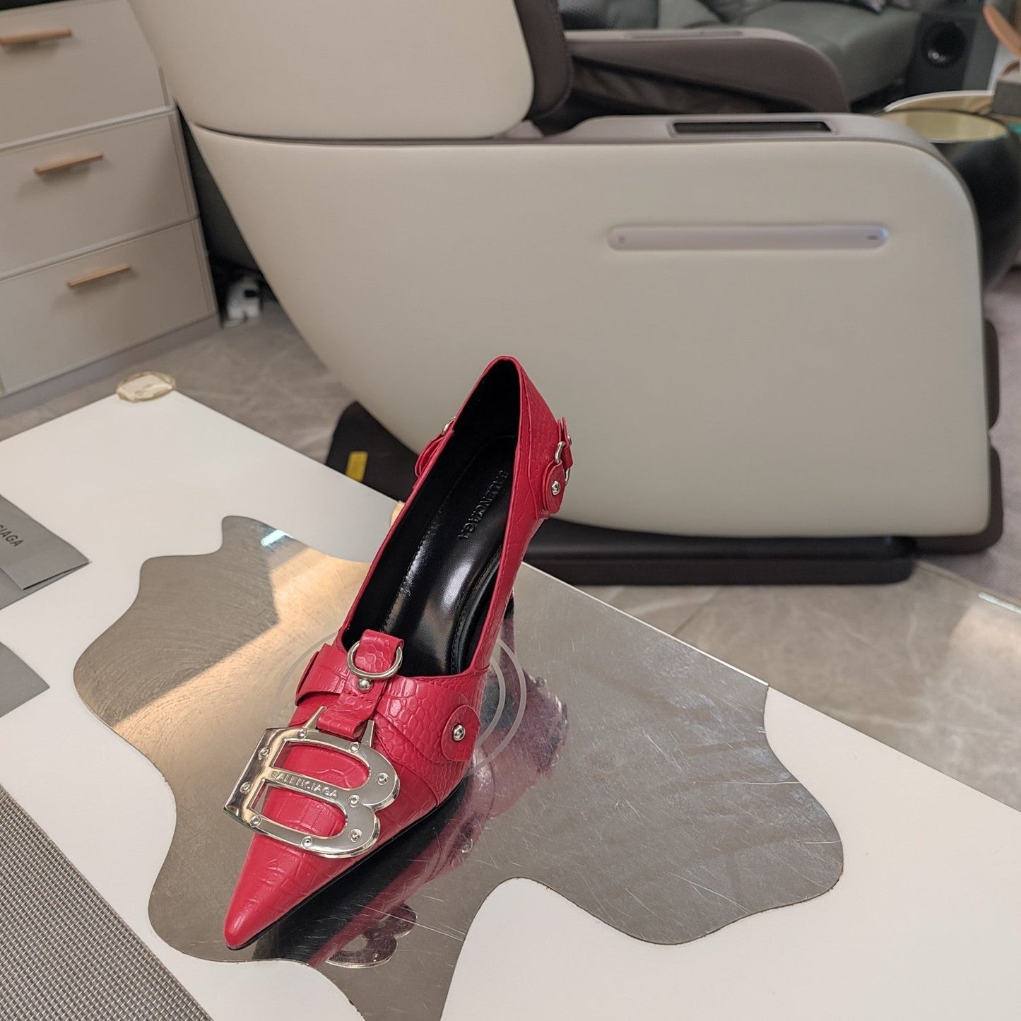 Balanciaga HIGH PUMPS WITH B SILVER BUCKLE IN RED CROCODILE PATTERN CALFSKIN