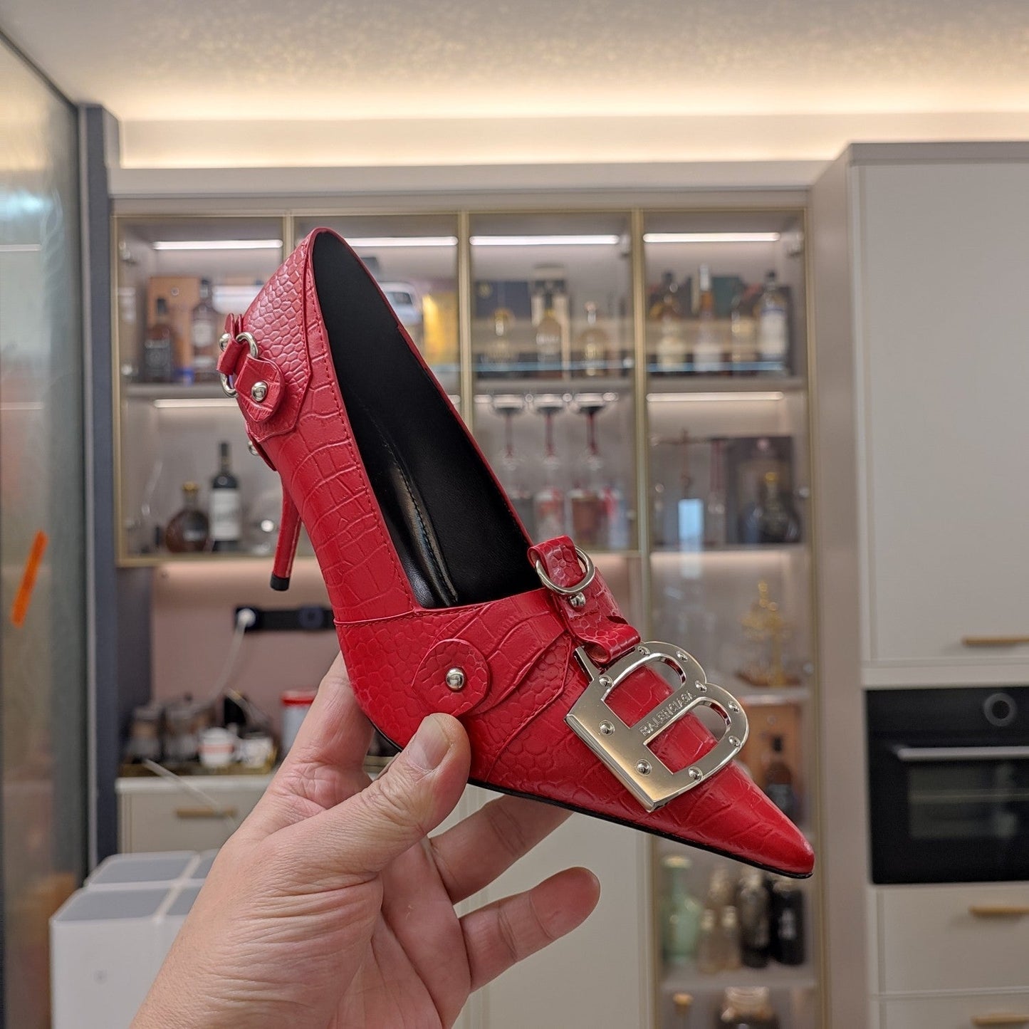 Balanciaga HIGH PUMPS WITH B SILVER BUCKLE IN RED CROCODILE PATTERN CALFSKIN