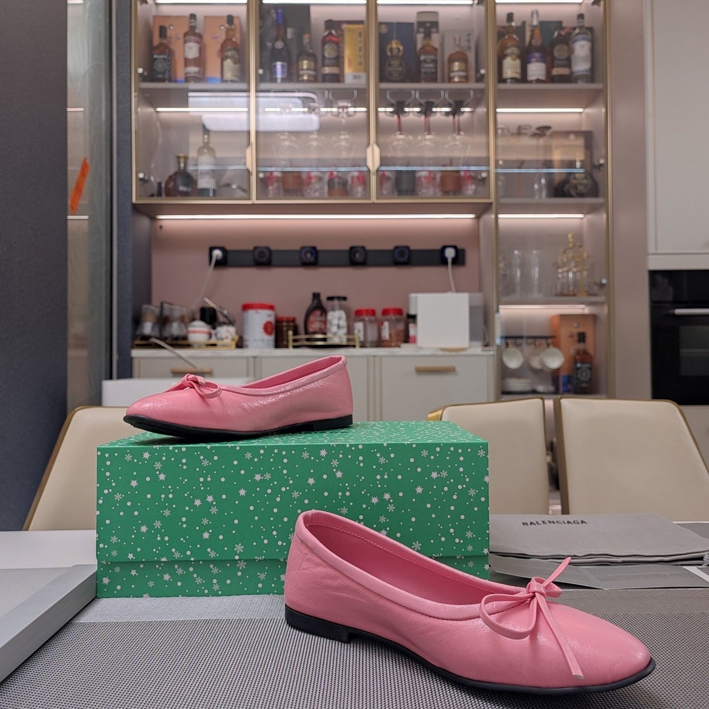 Balanciaga RHINESTONE BALLET FLATS WITH BOW IN SEA PINK WAX-OIL SHEEPSKIN