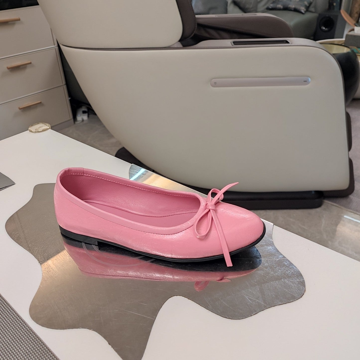Balanciaga RHINESTONE BALLET FLATS WITH BOW IN SEA PINK WAX-OIL SHEEPSKIN
