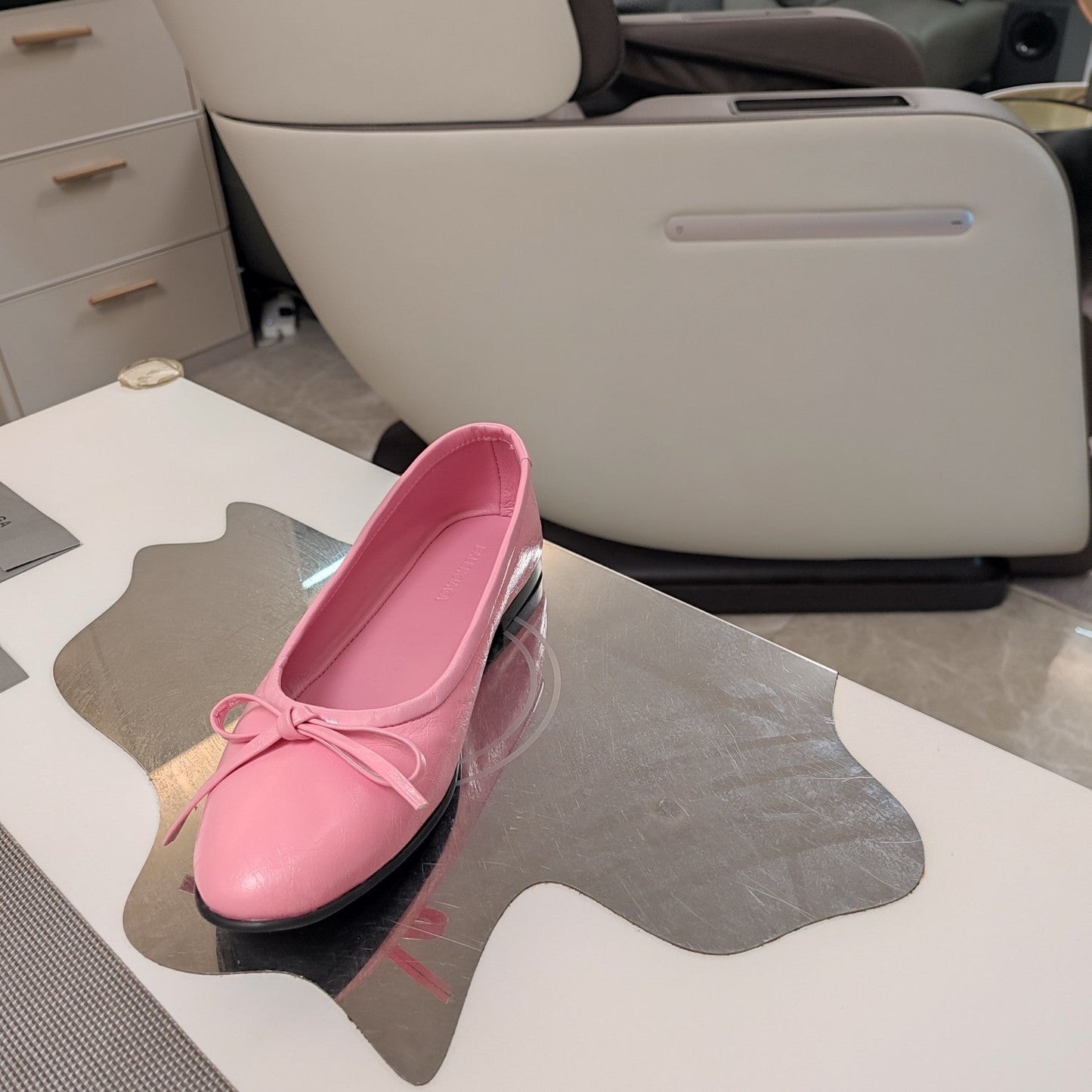 Balanciaga RHINESTONE BALLET FLATS WITH BOW IN SEA PINK WAX-OIL SHEEPSKIN