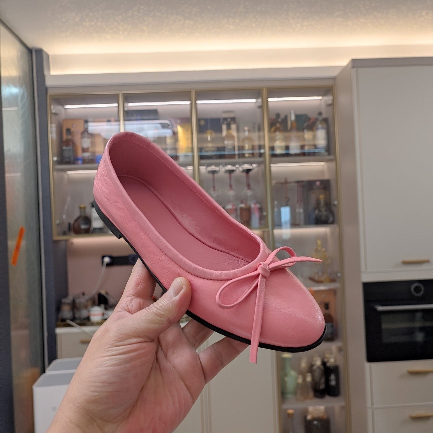 Balanciaga RHINESTONE BALLET FLATS WITH BOW IN SEA PINK WAX-OIL SHEEPSKIN