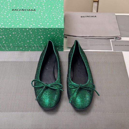 Balanciaga RHINESTONE BALLET FLATS WITH BOW IN FUN GREEN SHEEPSKIN