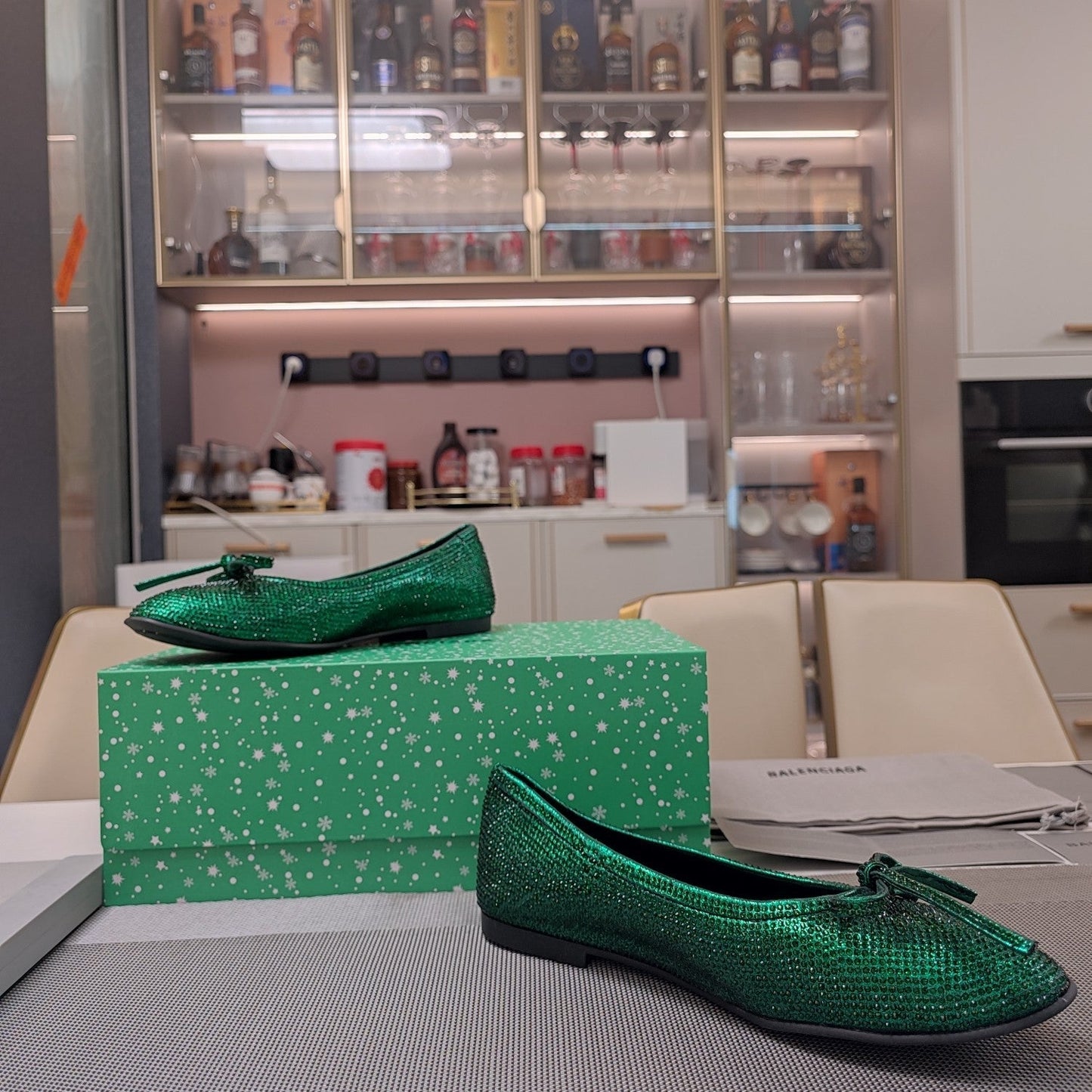 Balanciaga RHINESTONE BALLET FLATS WITH BOW IN FUN GREEN SHEEPSKIN