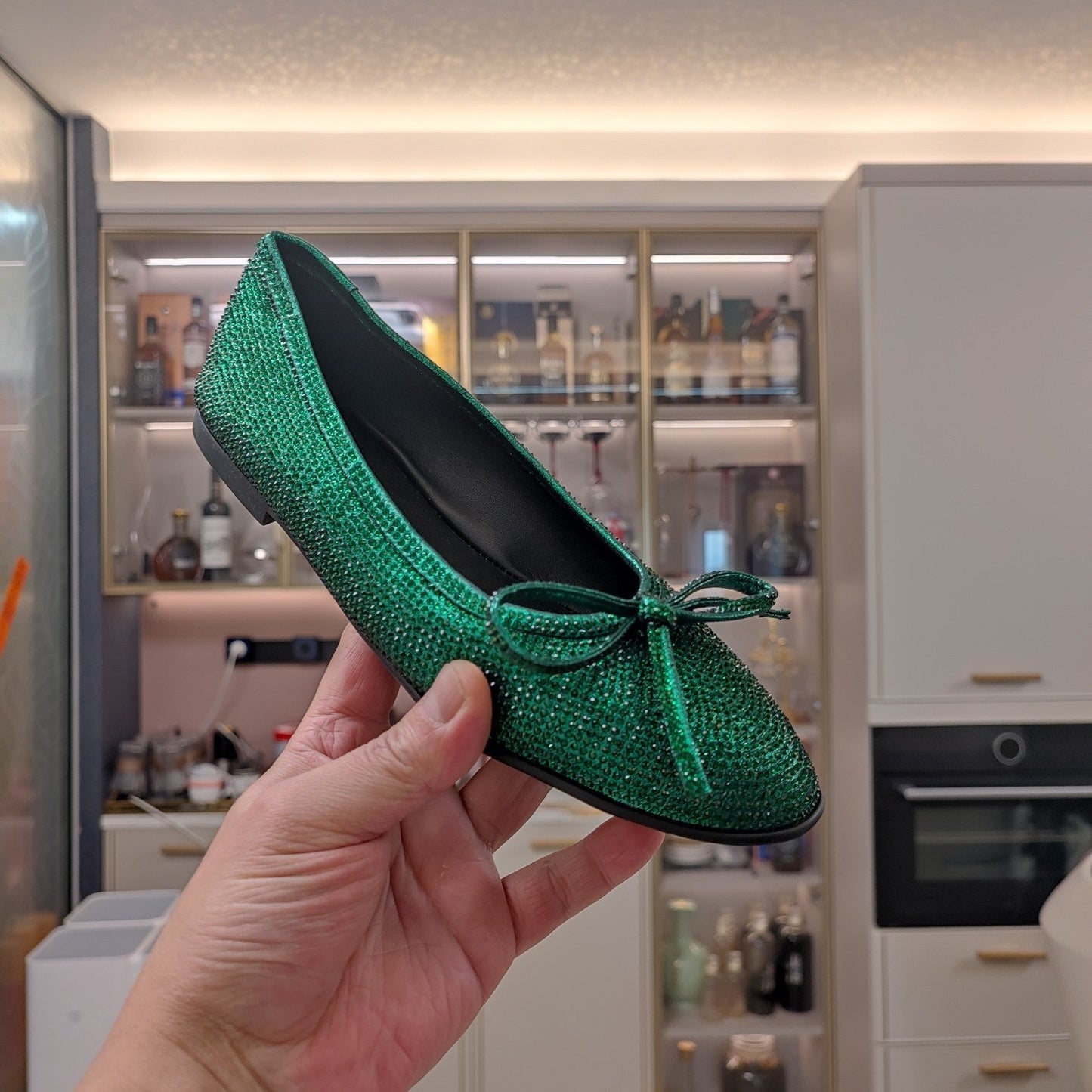 Balanciaga RHINESTONE BALLET FLATS WITH BOW IN FUN GREEN SHEEPSKIN