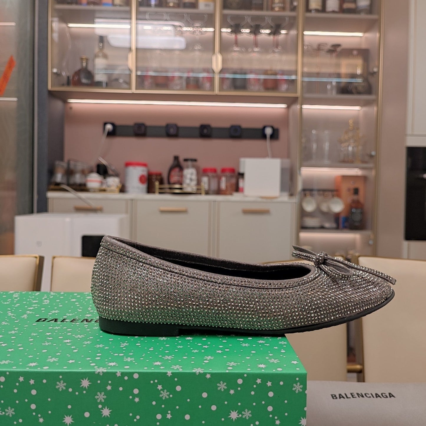 Balanciaga RHINESTONE BALLET FLATS WITH BOW IN GRAY SHEEPSKIN