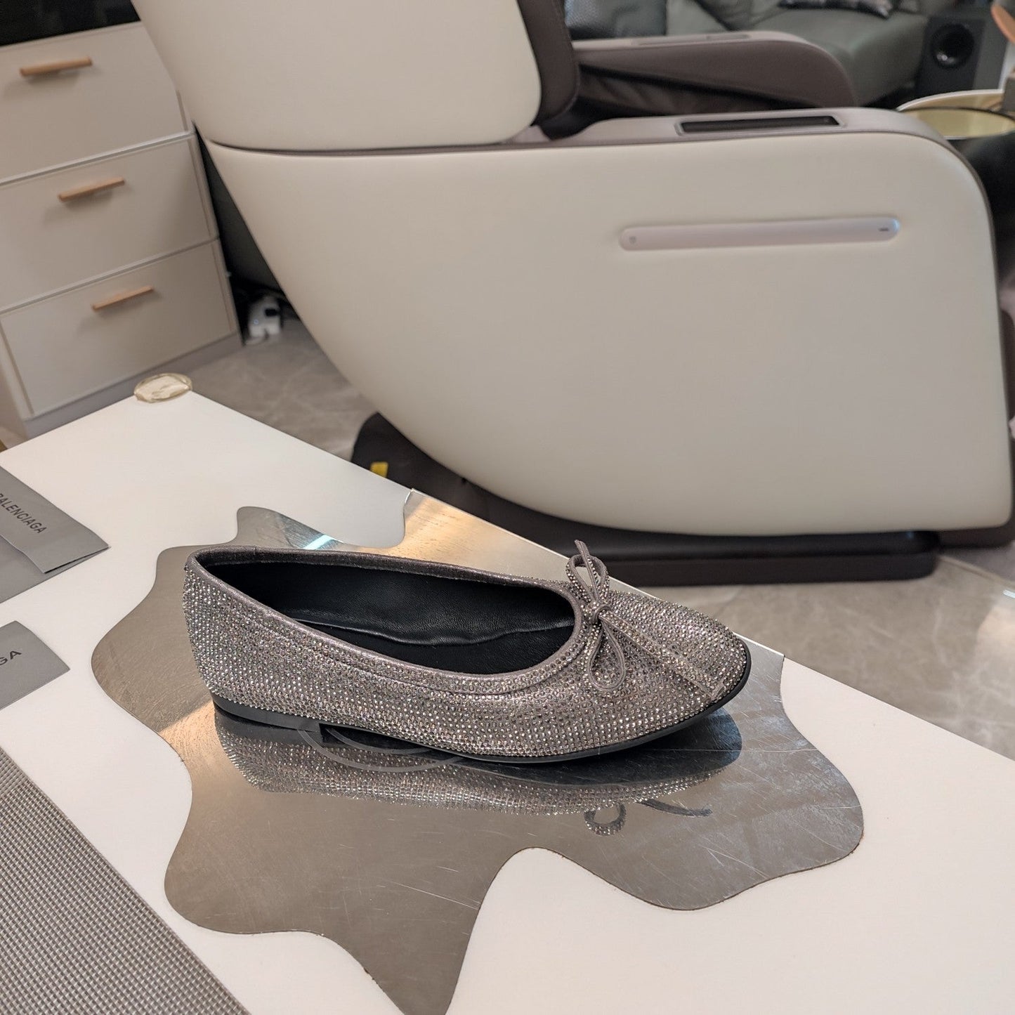 Balanciaga RHINESTONE BALLET FLATS WITH BOW IN GRAY SHEEPSKIN