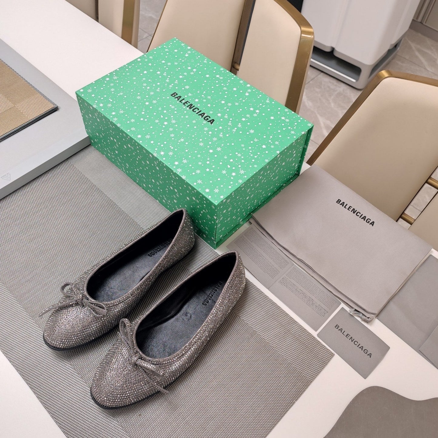 Balanciaga RHINESTONE BALLET FLATS WITH BOW IN GRAY SHEEPSKIN