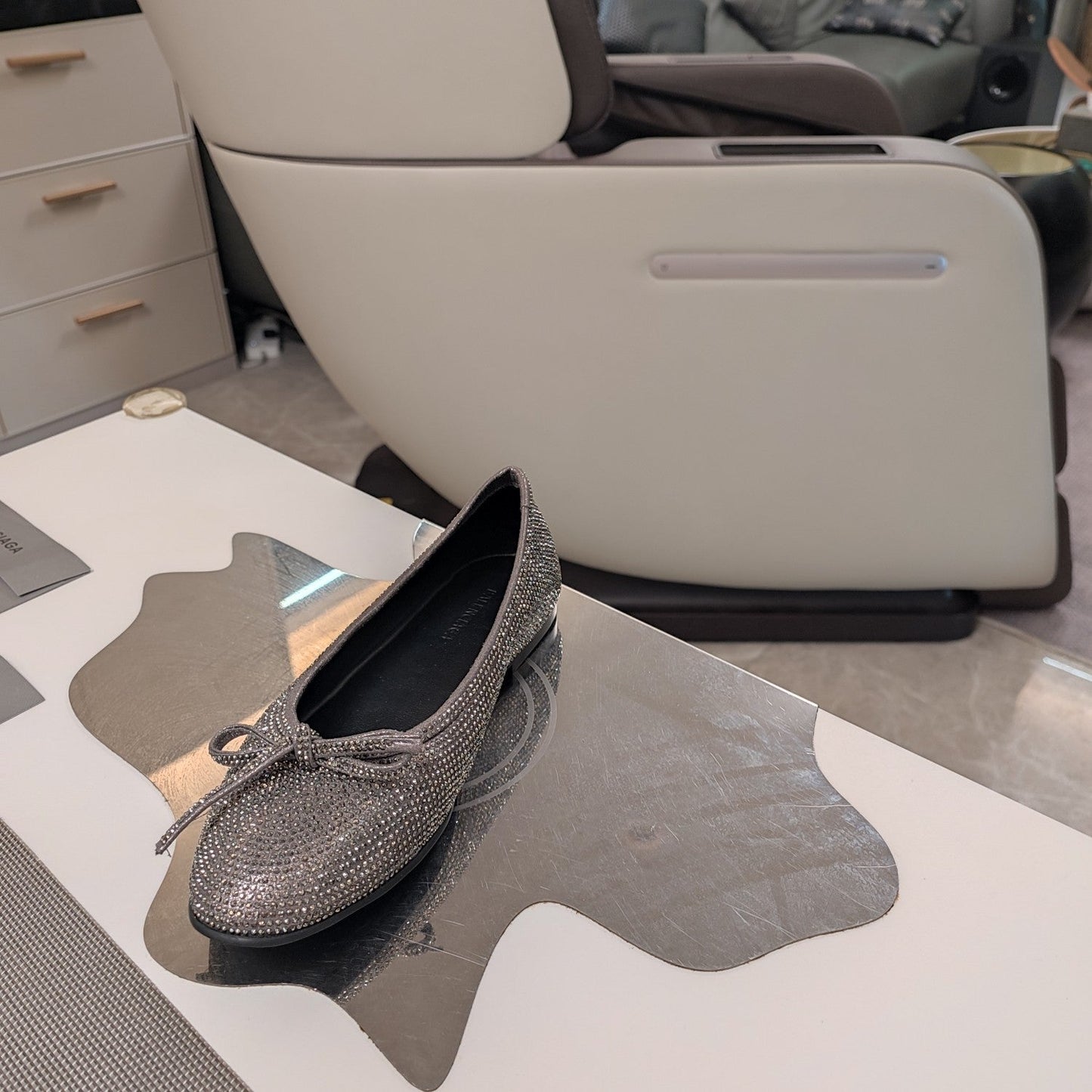 Balanciaga RHINESTONE BALLET FLATS WITH BOW IN GRAY SHEEPSKIN