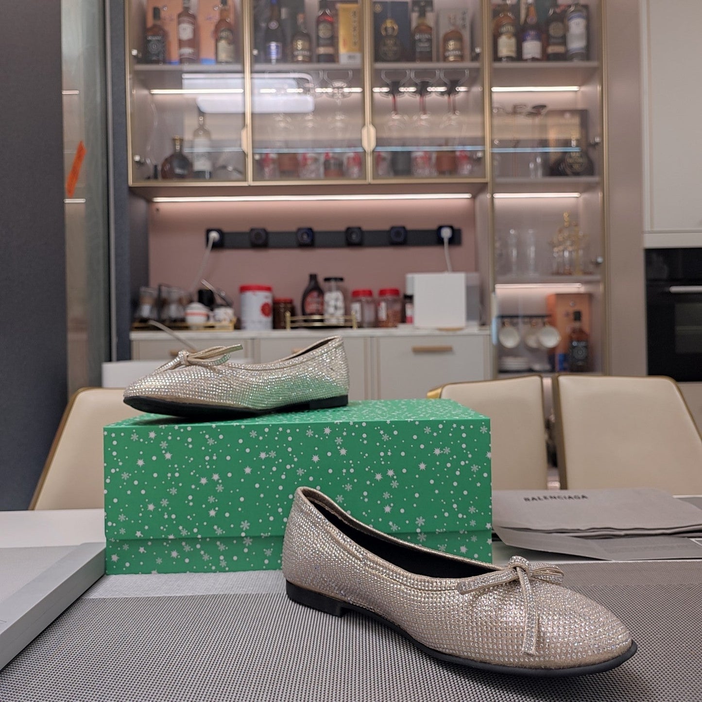 Balanciaga RHINESTONE BALLET FLATS WITH BOW IN BEIGE SHEEPSKIN
