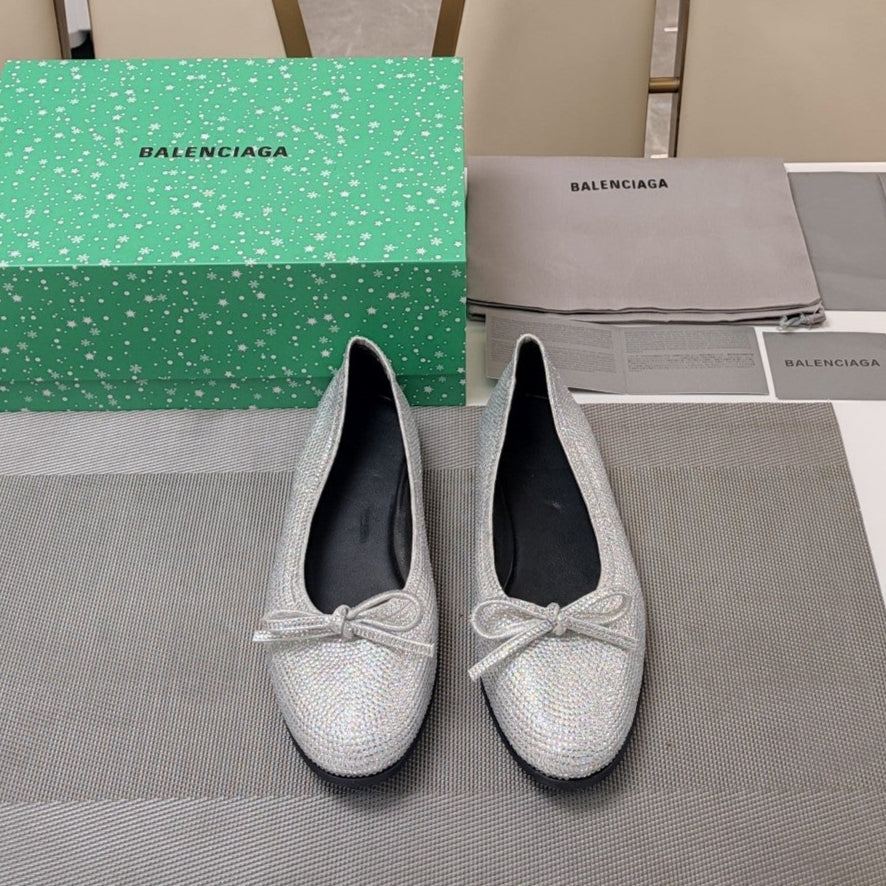 Balanciaga RHINESTONE BALLET FLATS WITH BOW IN METALLIC SILVER SHEEPSKIN
