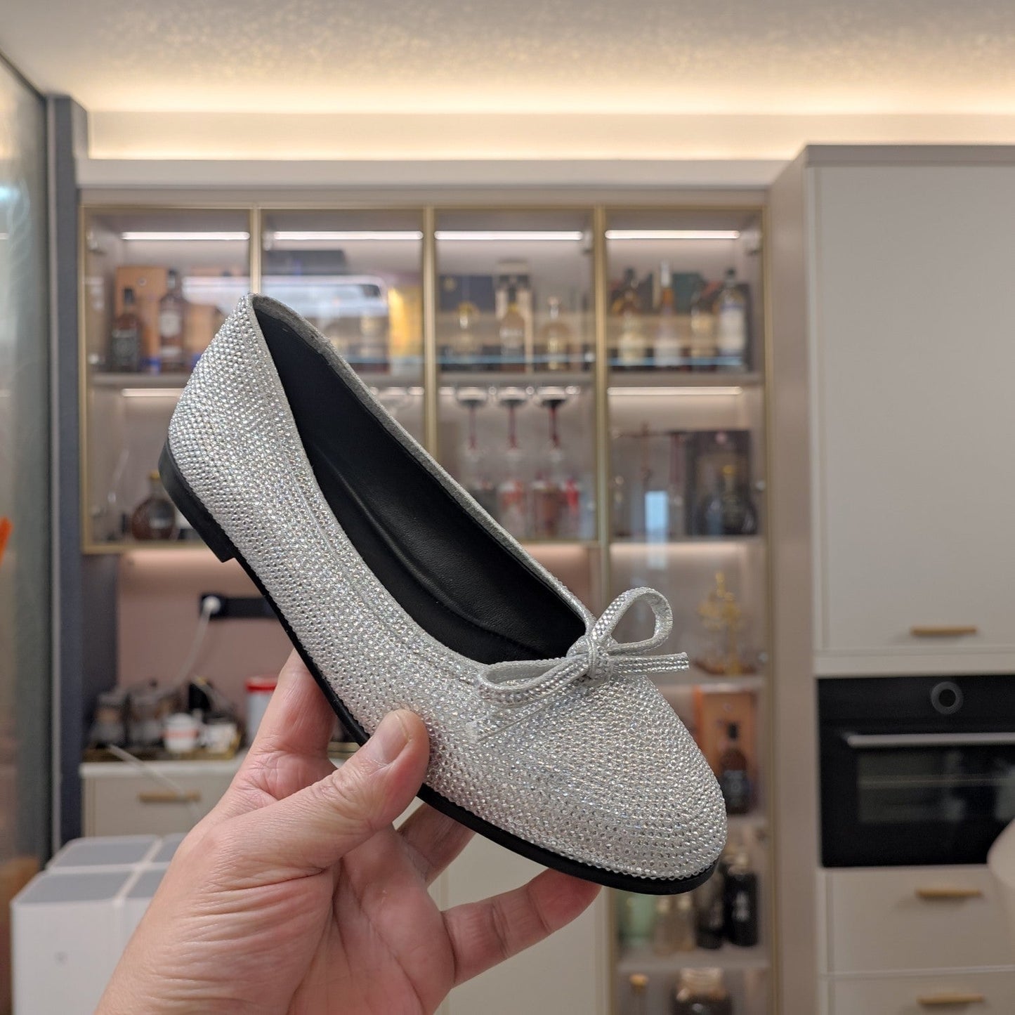 Balanciaga RHINESTONE BALLET FLATS WITH BOW IN METALLIC SILVER SHEEPSKIN