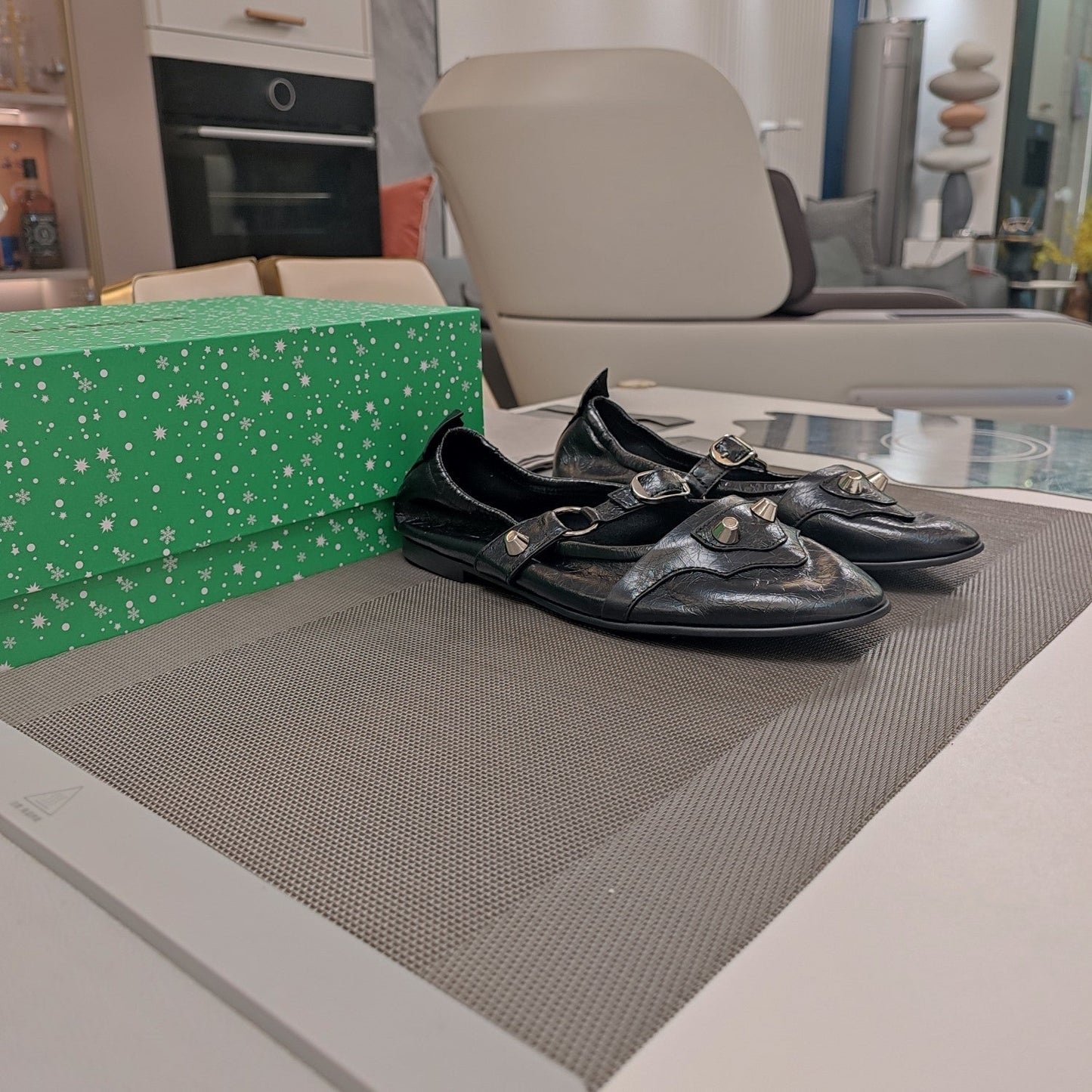 Balanciaga STUDDED MARY JANE FLATS IN BLACK SHINY LAMBSKIN