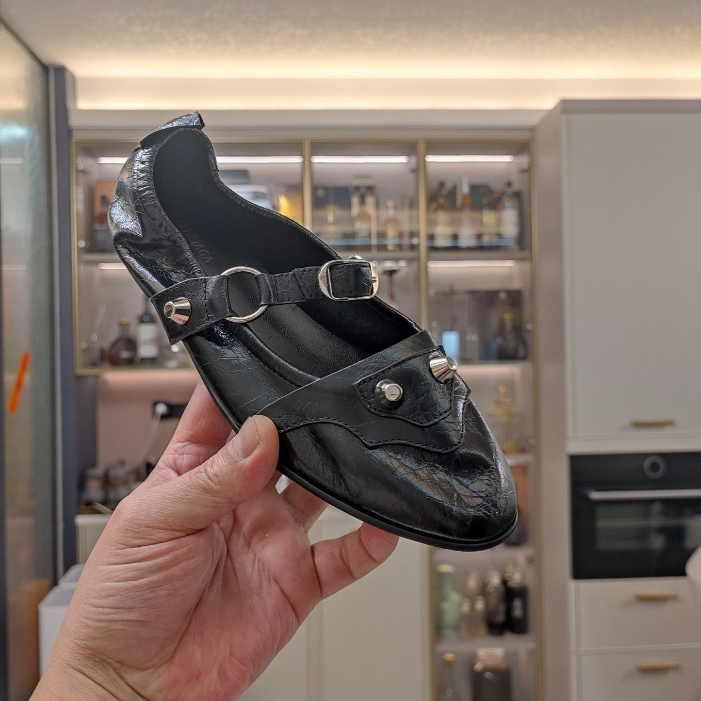 Balanciaga STUDDED MARY JANE FLATS IN BLACK SHINY LAMBSKIN