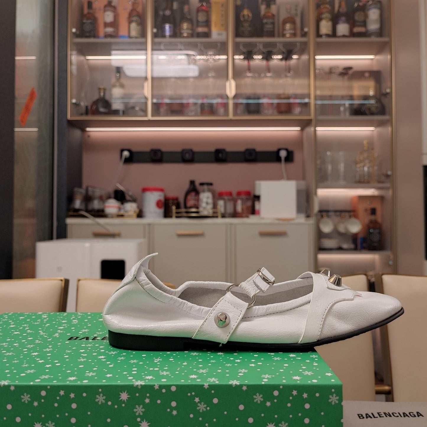 Balanciaga STUDDED MARY JANE FLATS IN WHITE SHINY LAMBSKIN