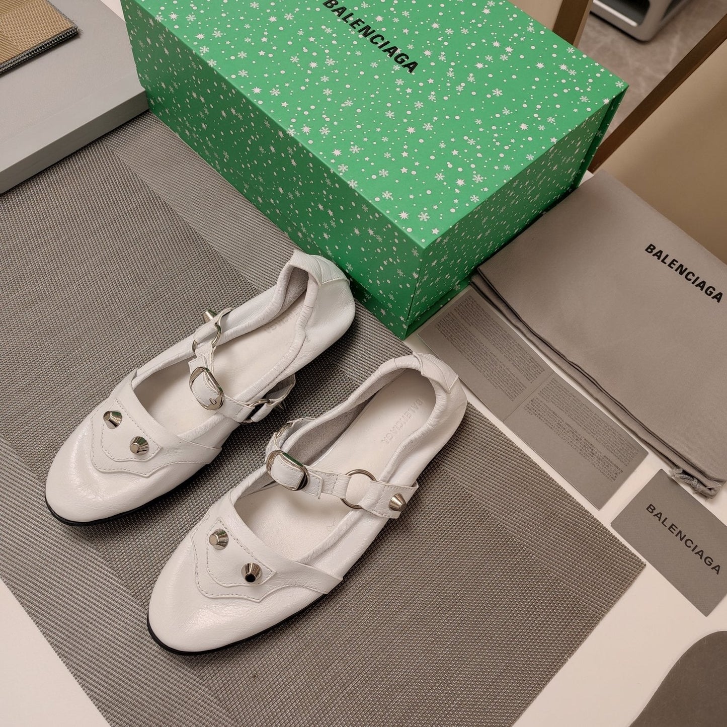 Balanciaga STUDDED MARY JANE FLATS IN WHITE SHINY LAMBSKIN