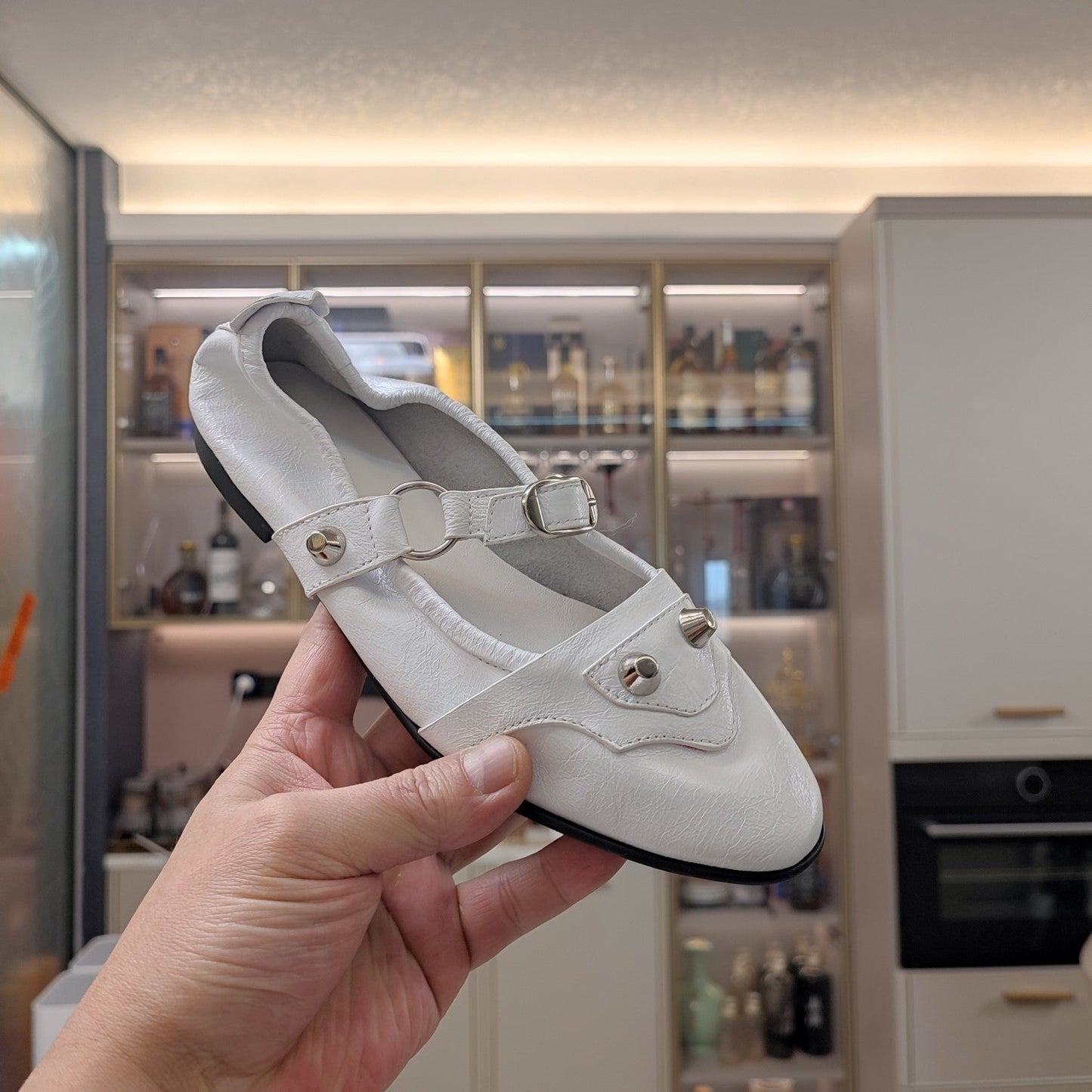 Balanciaga STUDDED MARY JANE FLATS IN WHITE SHINY LAMBSKIN