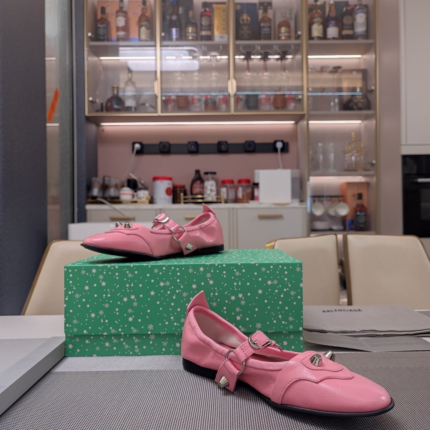 Balanciaga STUDDED MARY JANE FLATS IN SEA PINK SHINY LAMBSKIN