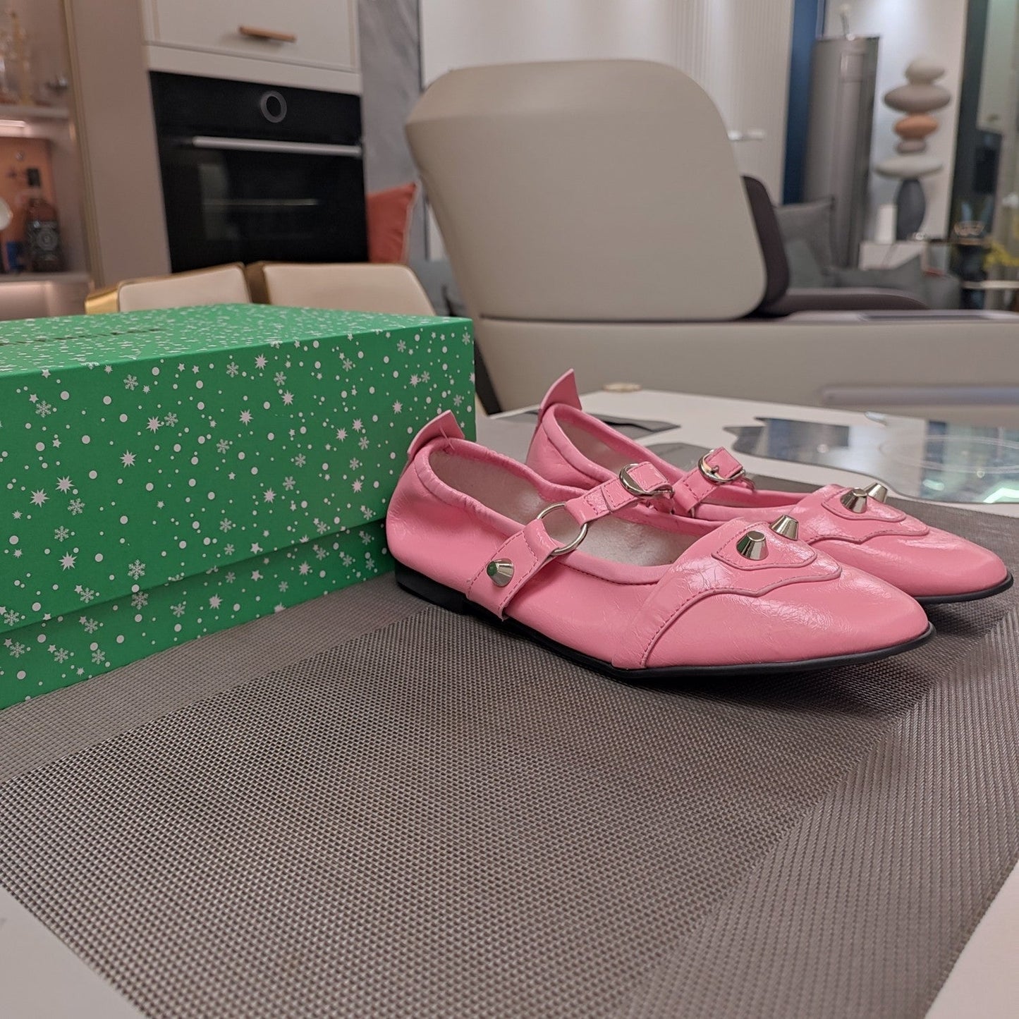 Balanciaga STUDDED MARY JANE FLATS IN SEA PINK SHINY LAMBSKIN