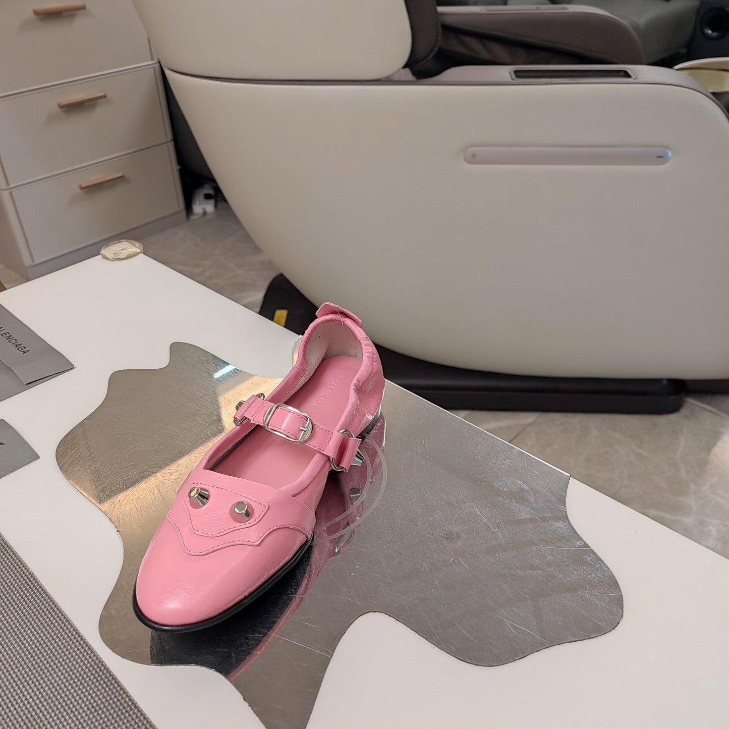 Balanciaga STUDDED MARY JANE FLATS IN SEA PINK SHINY LAMBSKIN