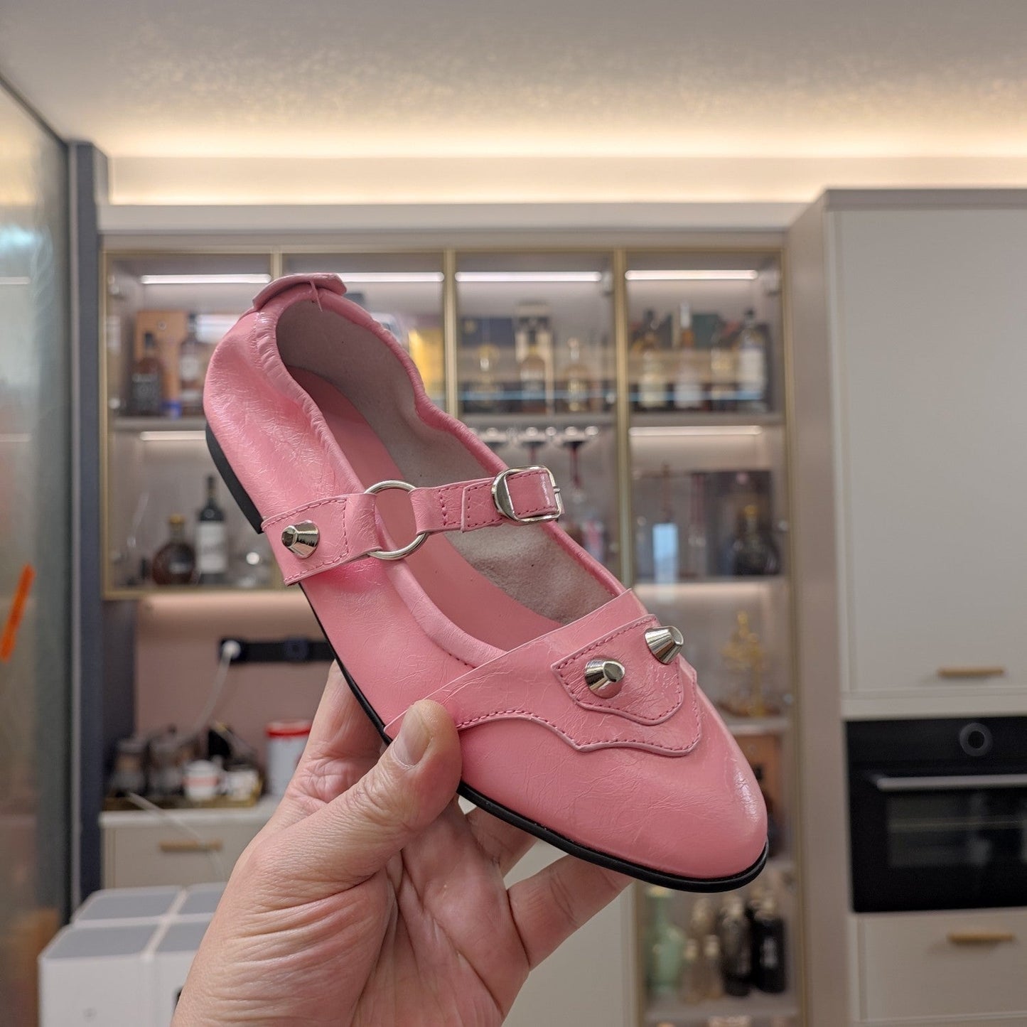 Balanciaga STUDDED MARY JANE FLATS IN SEA PINK SHINY LAMBSKIN