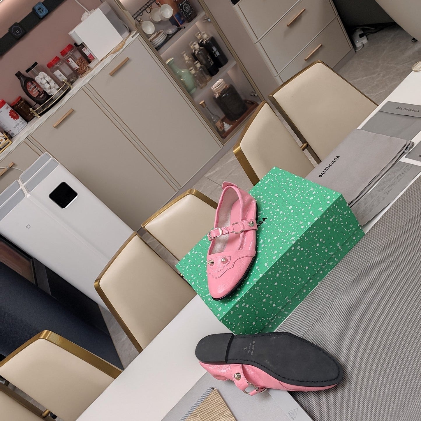 Balanciaga STUDDED MARY JANE FLATS IN SEA PINK SHINY LAMBSKIN