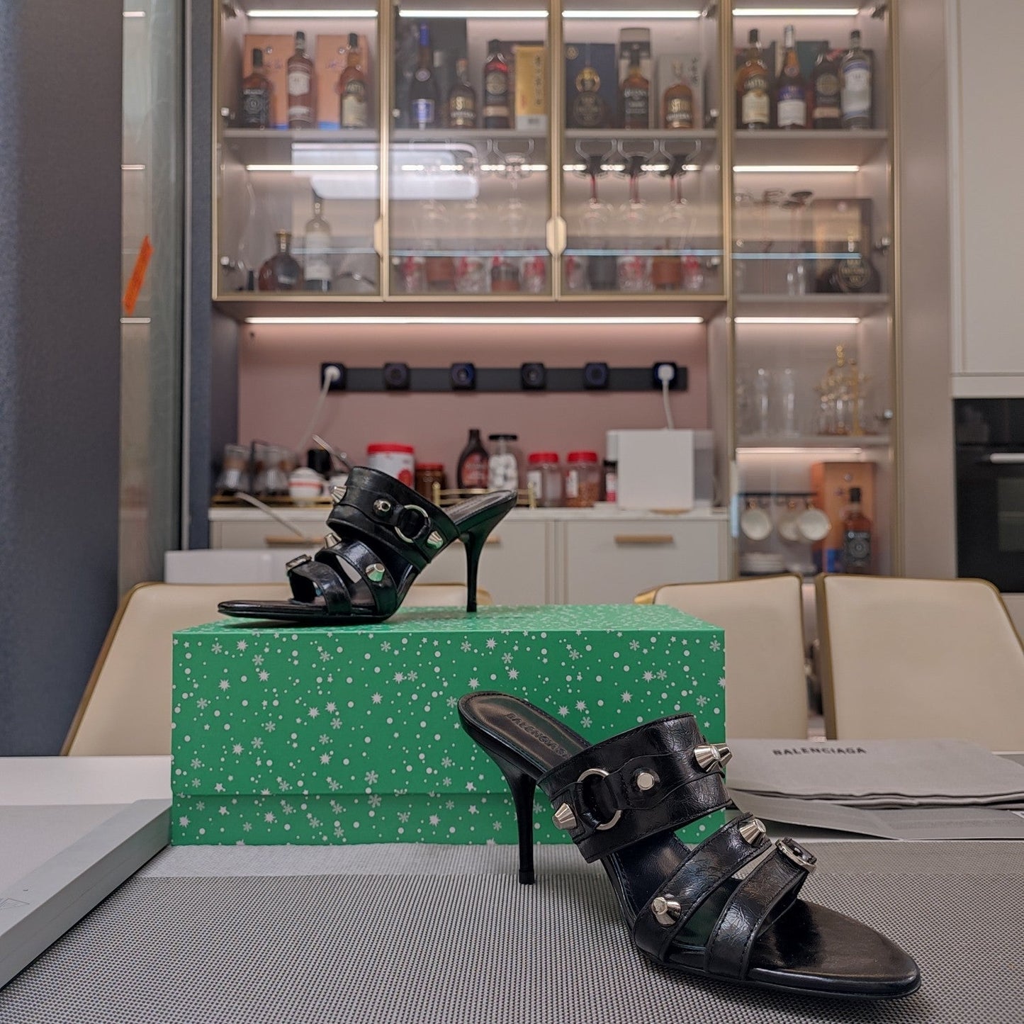 Balanciaga STRAPPY HIGH-HEELED SANDALS IN BLACK STUDDED WAX-OIL SHEEPSKIN
