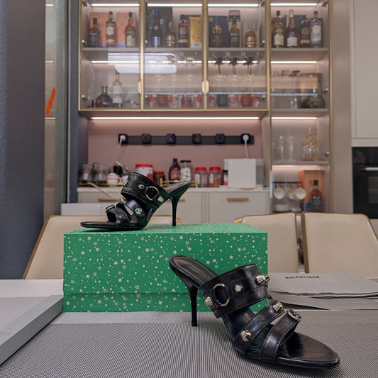 Balanciaga STRAPPY HIGH-HEELED SANDALS IN BLACK STUDDED WAX-OIL SHEEPSKIN