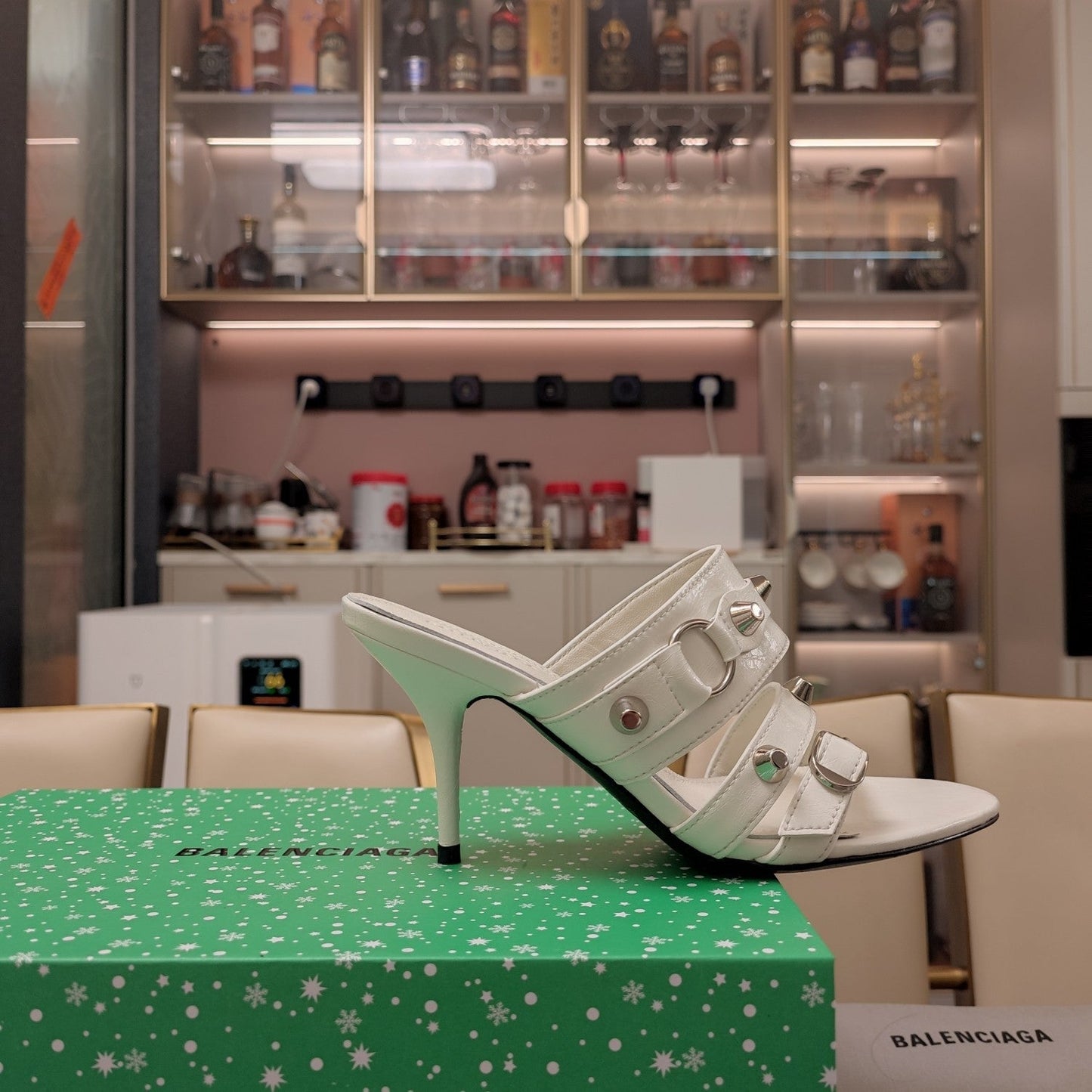 Balanciaga STRAPPY HIGH-HEELED SANDALS IN WHITE STUDDED WAX-OIL SHEEPSKIN
