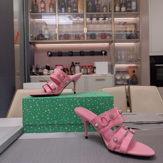 Balanciaga STRAPPY HIGH-HEELED SANDALS IN WEWAK PINK STUDDED WAX-OIL SHEEPSKIN