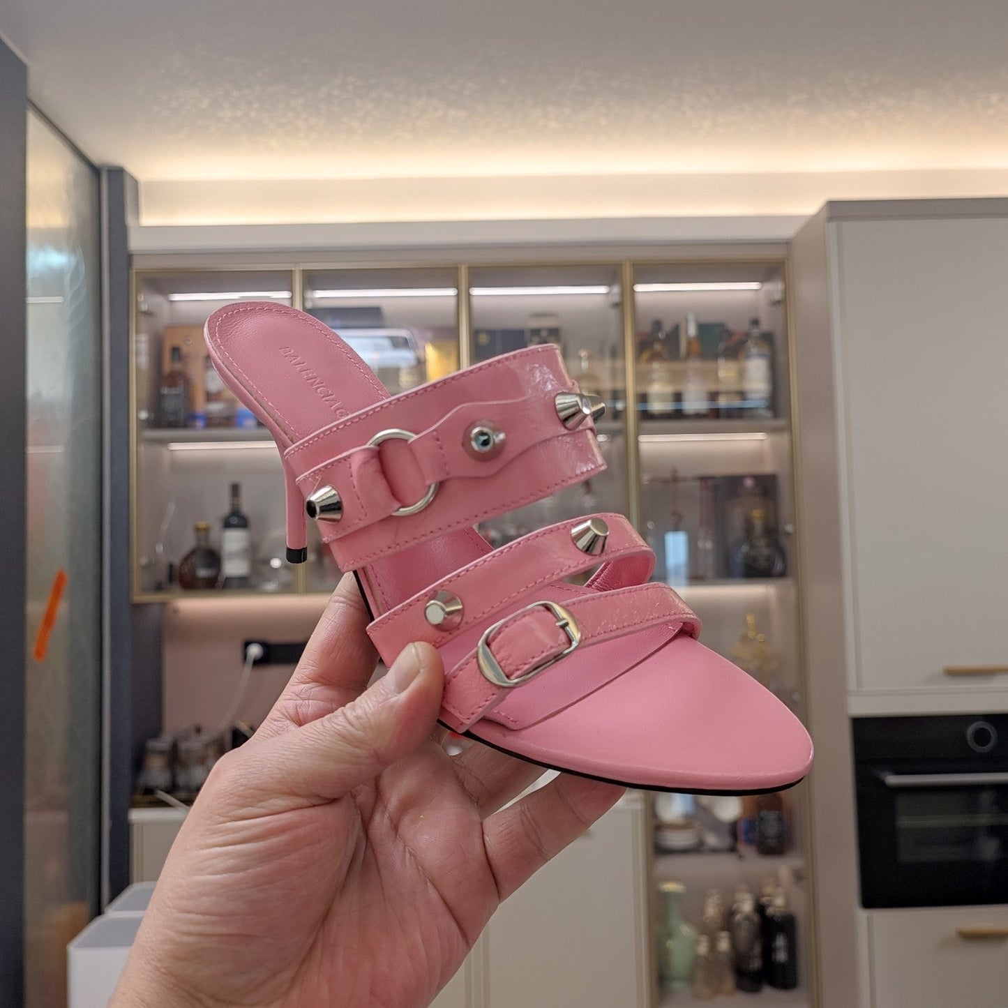 Balanciaga STRAPPY HIGH-HEELED SANDALS IN WEWAK PINK STUDDED WAX-OIL SHEEPSKIN