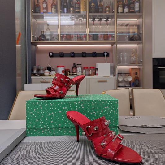 Balanciaga STRAPPY HIGH-HEELED SANDALS IN RED STUDDED WAX-OIL SHEEPSKIN