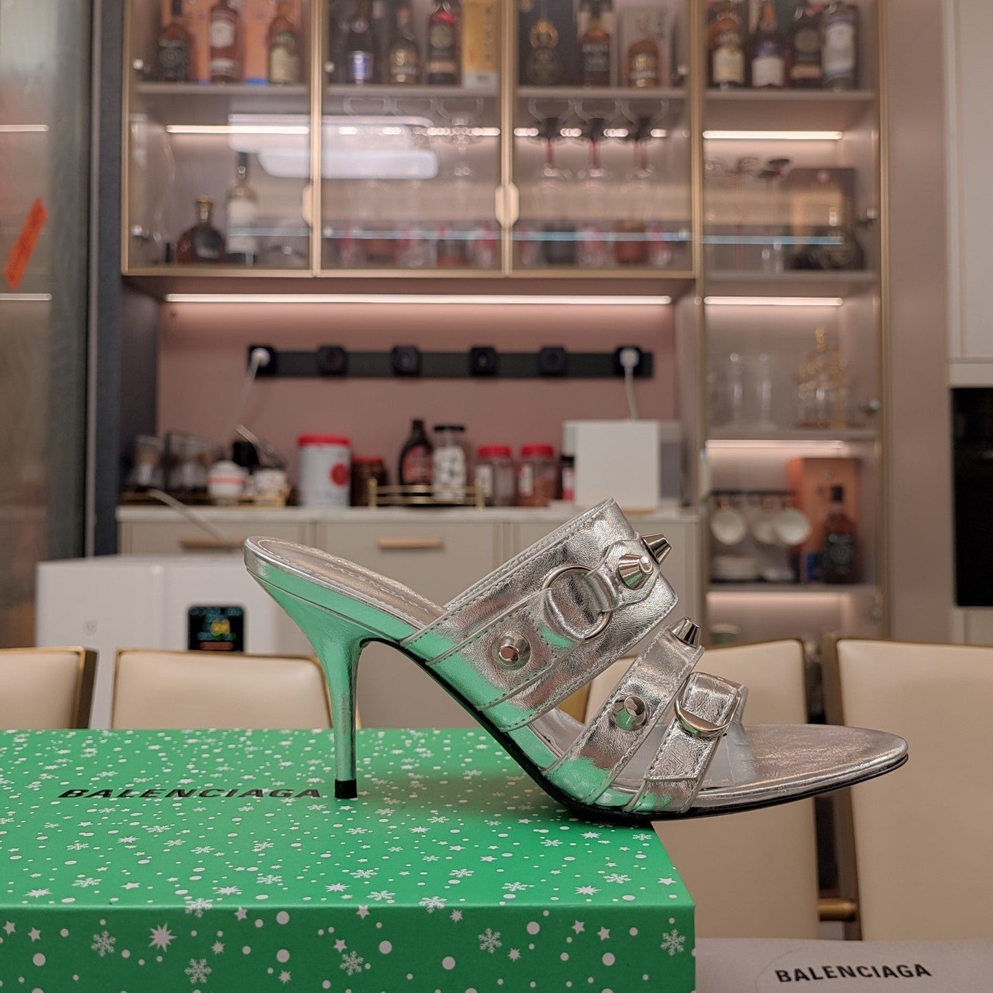 Balanciaga STRAPPY HIGH-HEELED SANDALS IN SILVER STUDDED WAX-OIL SHEEPSKIN