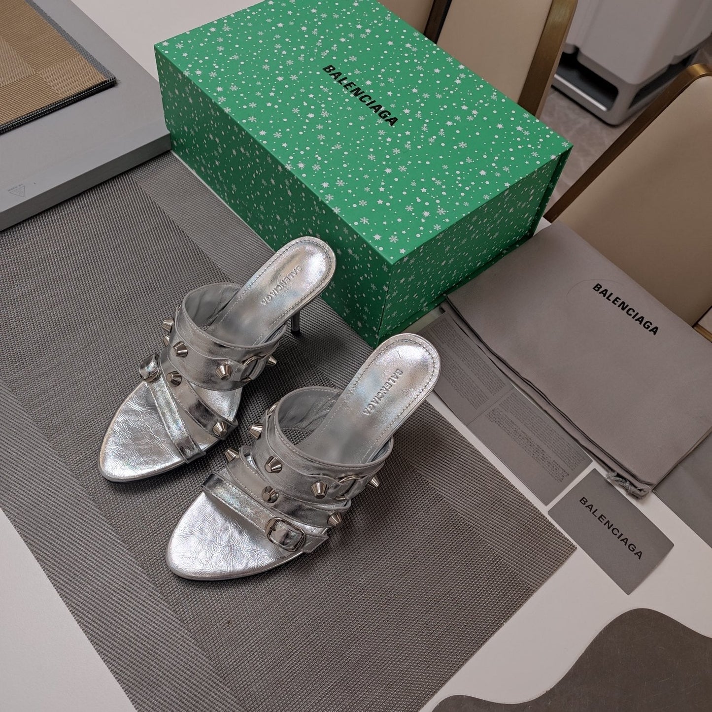 Balanciaga STRAPPY HIGH-HEELED SANDALS IN SILVER STUDDED WAX-OIL SHEEPSKIN