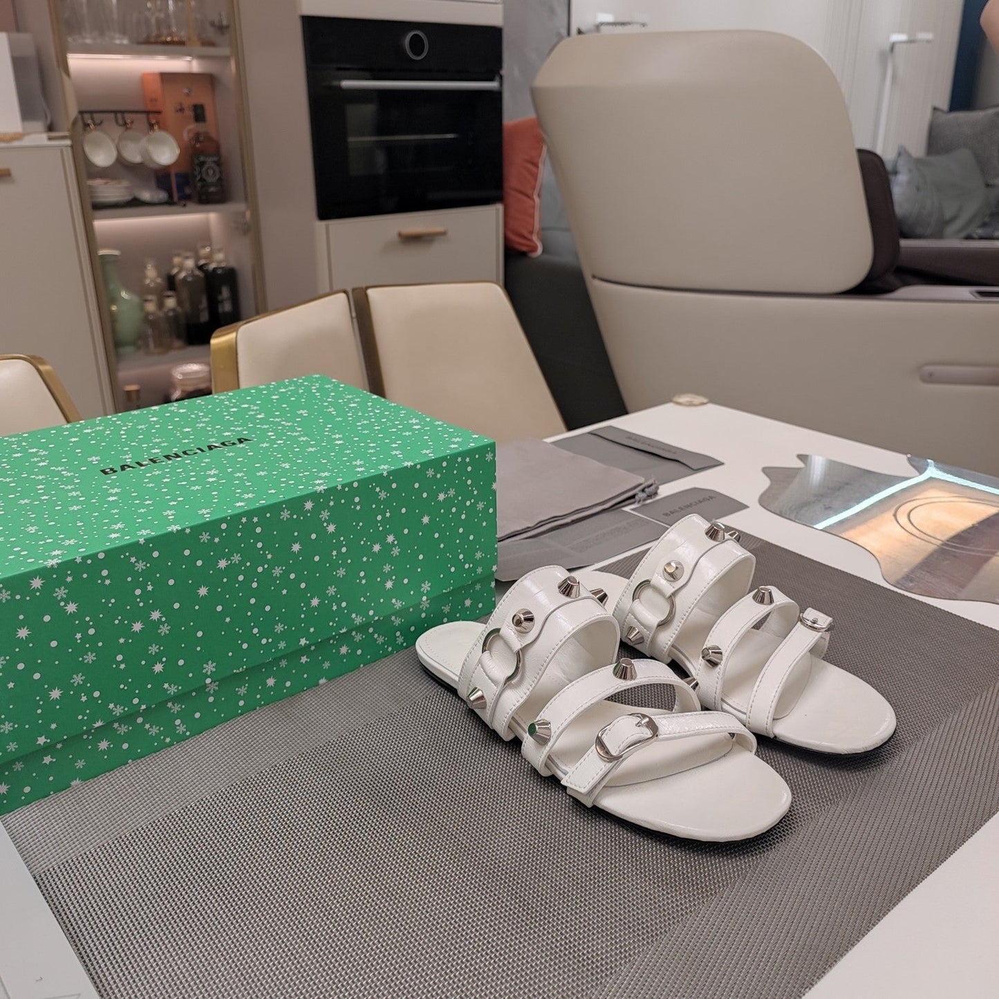 Balanciaga STRAPPY FLAT SANDALS IN WHITE STUDDED WAX-OIL SHEEPSKIN