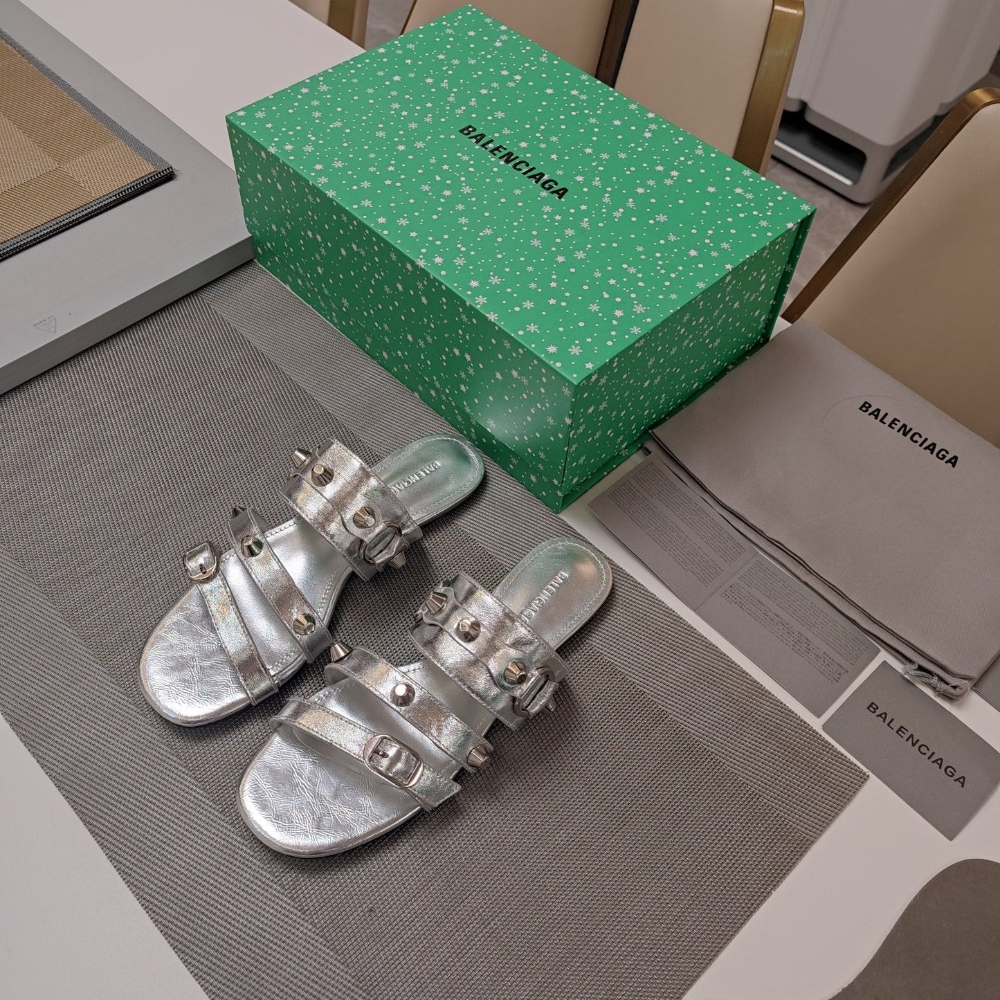 Balanciaga STRAPPY FLAT SANDALS IN SILVER STUDDED WAX-OIL SHEEPSKIN