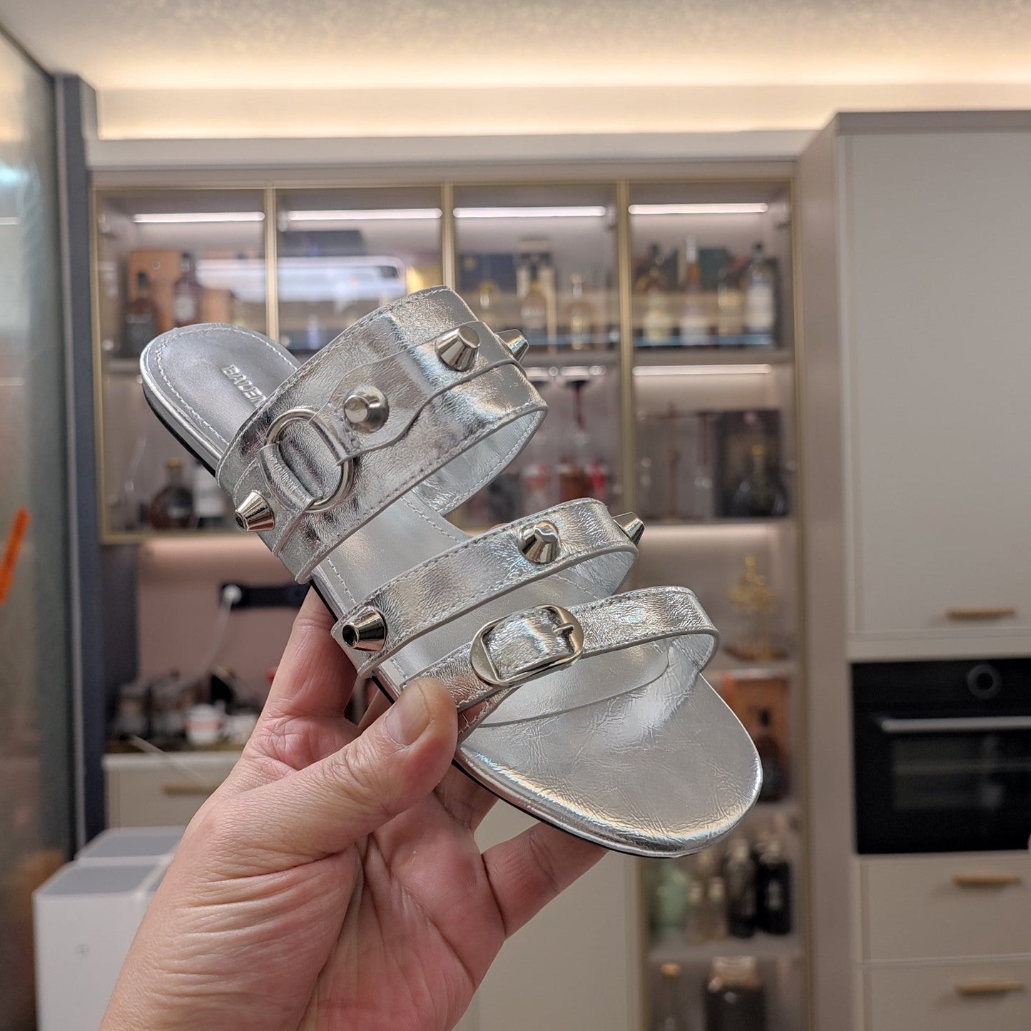 Balanciaga STRAPPY FLAT SANDALS IN SILVER STUDDED WAX-OIL SHEEPSKIN