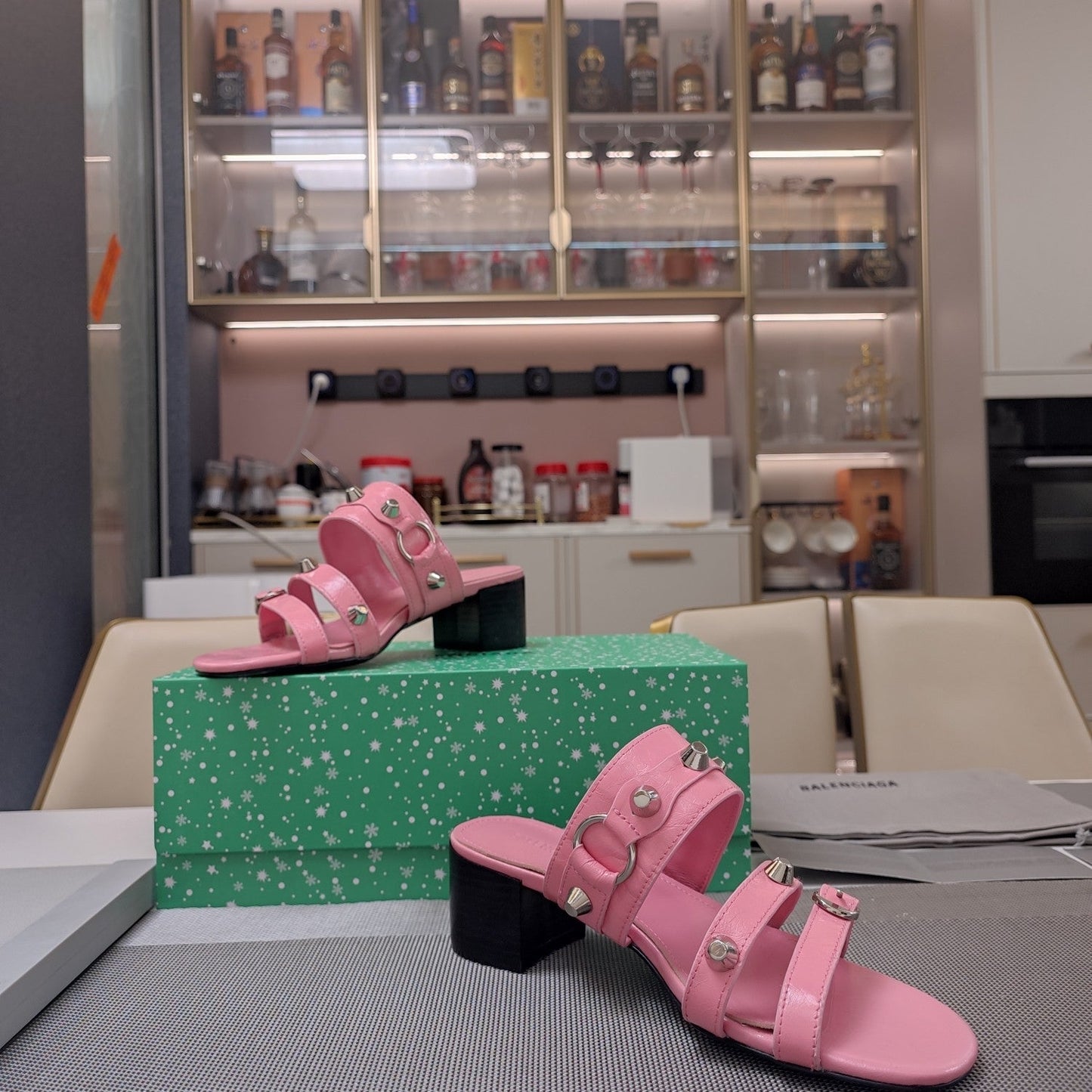 Balanciaga STRAPPY MEDIUM HEELED SANDALS IN WEWAK PINK STUDDED WAX-OIL SHEEPSKIN