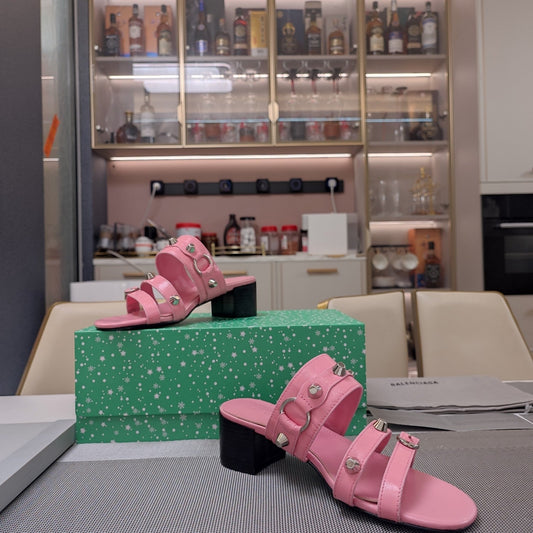 Balanciaga STRAPPY MEDIUM HEELED SANDALS IN WEWAK PINK STUDDED WAX-OIL SHEEPSKIN